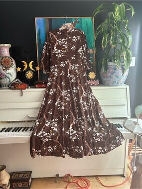 Vintage Brown Floral Maxi Dress Bell Sleeve Cottagecore Prairie Boho Romantic